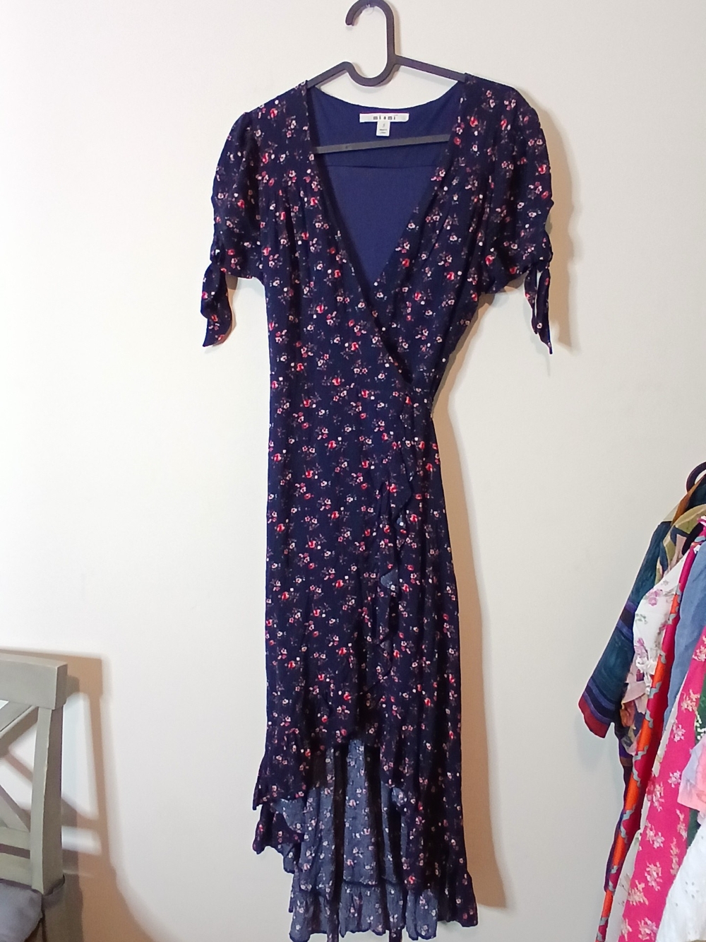 Mi Ami Navy Floral High Low Ruffle Wrap Midi Dress Sz Small EUC - Picture 2 of 5